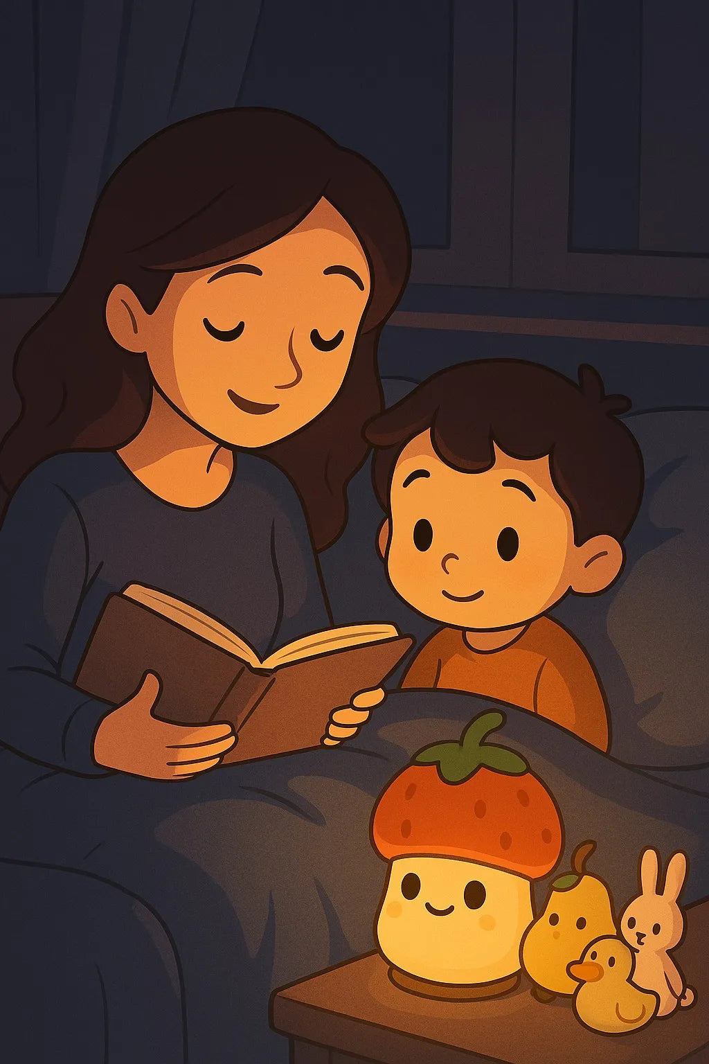 Illustration chaleureuse d'une mère lisant une histoire à son enfant au moment du coucher, avec une veilleuse fraise et des jouets décoratifs sur la table de chevet. Scène apaisante représentant un rituel du coucher serein que les produits CocooningBaby aident à créer pour favoriser le sommeil et le bien-être des tout-petits. Le design doux et la lumière tamisée évoquent parfaitement l'ambiance cocooning recherchée par les parents pour la chambre de bébé.