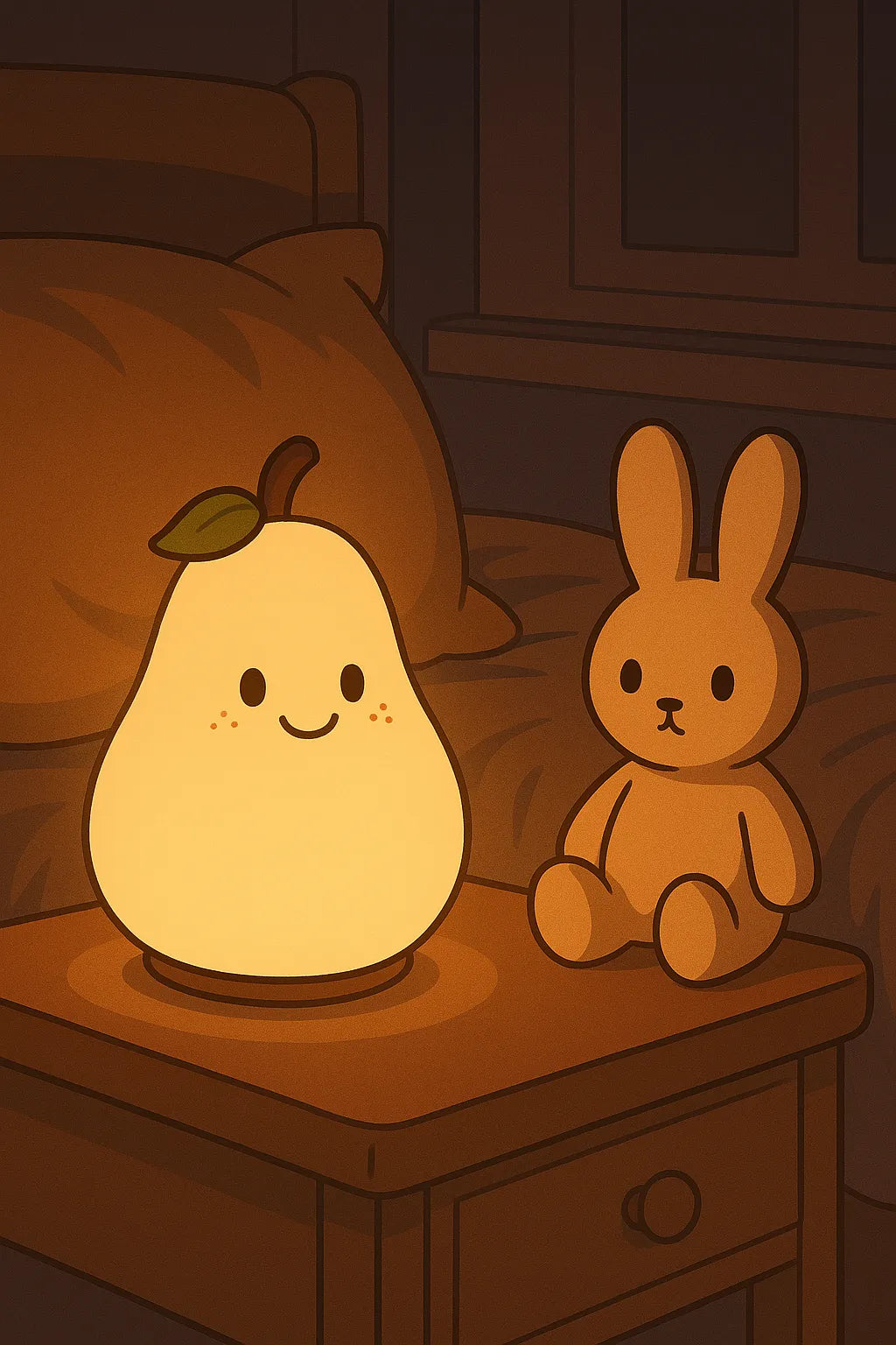 Veilleuse poire lumineuse à visage souriant et peluche lapin décorative sur table de chevet dans une chambre d'enfant. Ambiance douce et chaleureuse créée par la lumière tamisée, idéale pour rassurer bébé pendant la nuit. Accessoires de sommeil apaisants proposés par CocooningBaby pour favoriser l'endormissement et le bien-être des tout-petits dans un environnement sécurisant et cocooning.