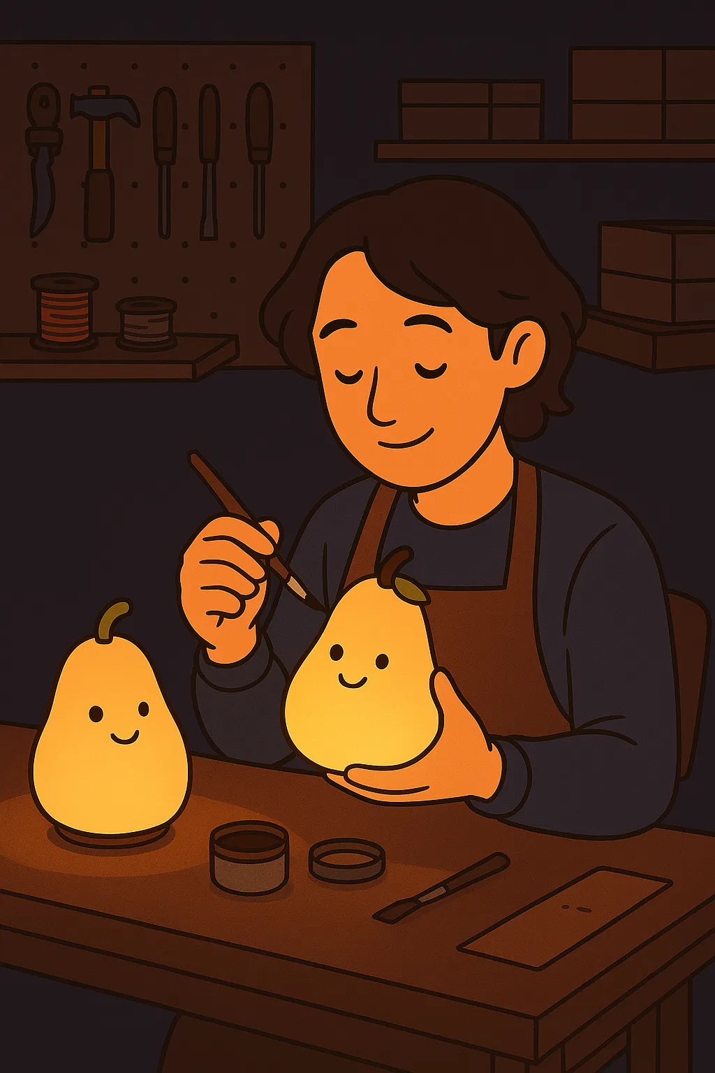 Artisan créant à la main des veilleuses poire lumineuses pour enfants dans son atelier. Illustration montrant le processus de fabrication artisanale des lampes douces en forme de poire à visage souriant, emblématiques de la collection CocooningBaby. Cette image représente le savoir-faire et l'attention aux détails apportés à chaque veilleuse décorative conçue pour accompagner les tout-petits vers un sommeil paisible et sécurisant.