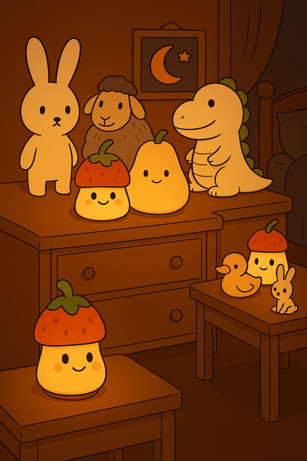 Collection complète de veilleuses enfantines CocooningBaby illuminant une chambre d'enfant dans une ambiance nocturne apaisante. Ensemble de lampes décoratives en forme de poire, fraise, dinosaure, lapin, mouton et petits animaux, créant un univers rassurant pour accompagner bébé vers le sommeil. Ces veilleuses douces aux visages souriants sont parfaitement adaptées pour sécuriser les tout-petits pendant la nuit et décorer avec tendresse la chambre de bébé.