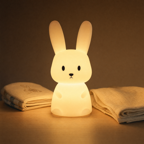 Veilleuse lapin Bunny allumée au moment du coucher