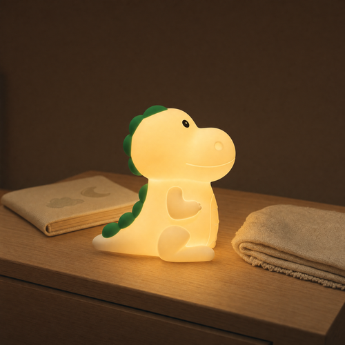 Veilleuse dinosaure Rexy allumée le soir dans une chambre d'enfant